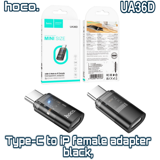 UA36D Type-C Male to Lightning Female Adapter – Black, Fast Charging & Data Sync | HOCO