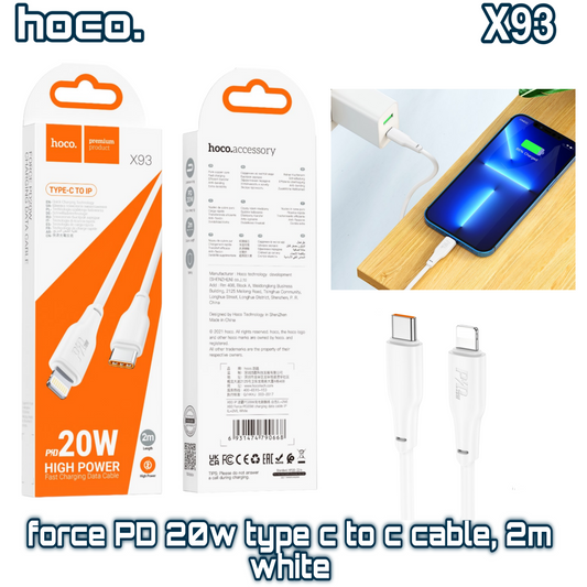 X93 Force PD 20W Type-C to Lightning Cable ‚2m, Fast Charging, White | Hoco