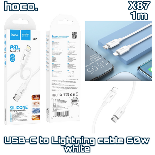 X87 USB-C to Lightning Cable ‚ 1m, 60W PD Fast Charging, Soft Silicone WHITE | Hoco