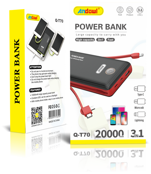 Q-T70 20000 Mah Powerbank With 3 in 1 Built-In Charging Cable IOS , Lightening / Micro , V8 / TypeC Cables Fast Charging Andowl