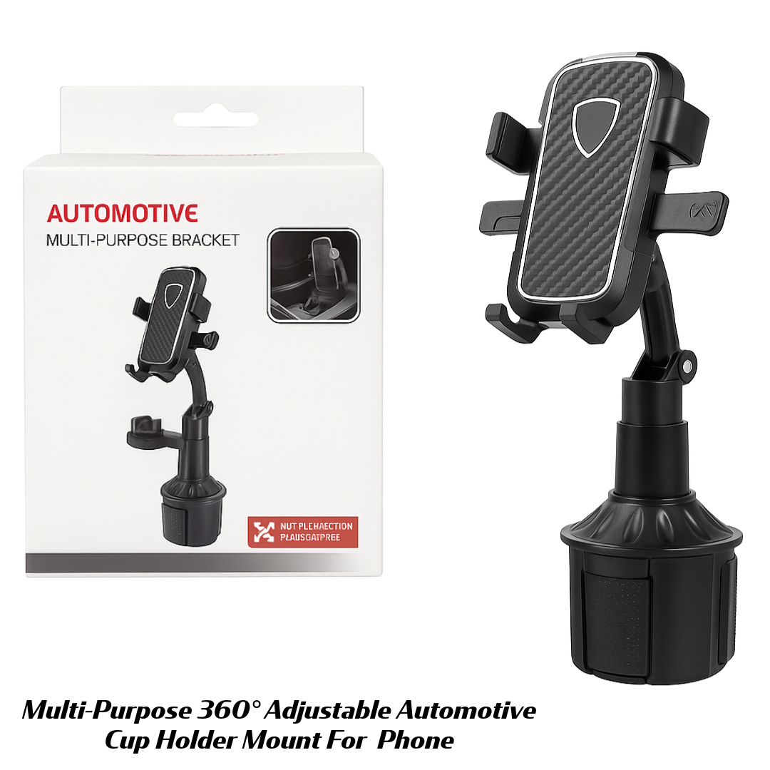 Multi-Purpose 360° Adjustable Automotive Cup Holder Mount with Phone – Universal Fit for Cars, SUVs & Trucks