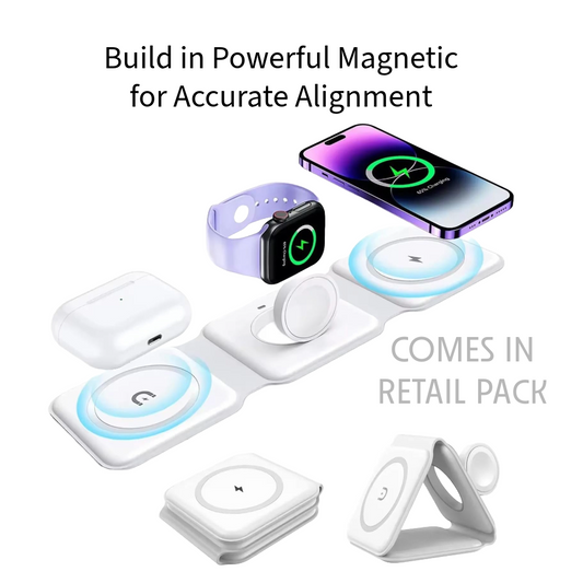 3 in 1 New Wireless Charger for iPhone Charging Station for Apple Multiple Devices, Foldable Magnetic Mag-Safe Travel Charger White