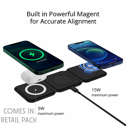 3 in 1 New Wireless Charger for iPhone Charging Station for Apple Multiple Devices, Foldable Magnetic Mag-Safe Travel Charger Black
