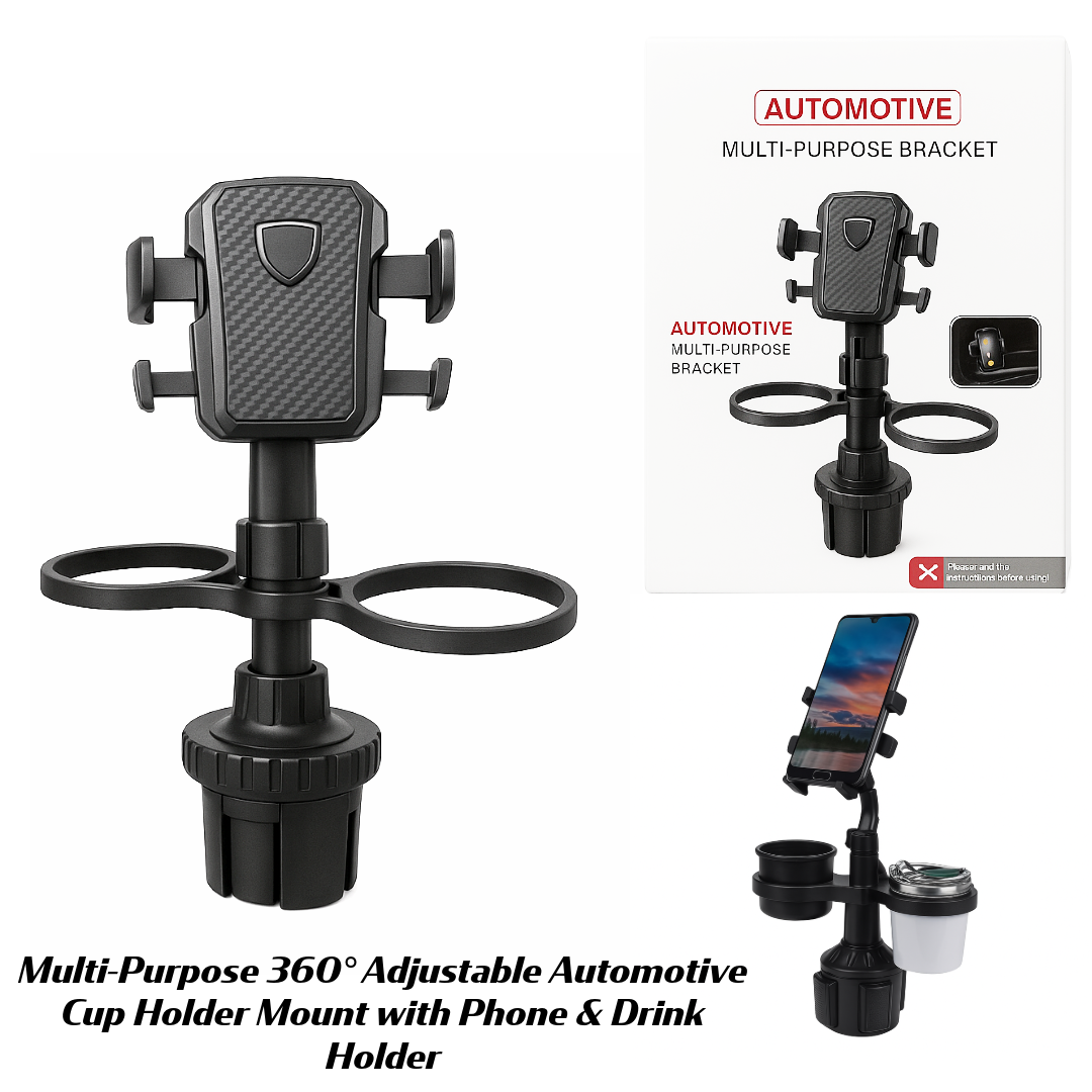 Multi-Purpose 360° Adjustable Automotive Cup Holder Mount with Phone & Drink Holder – Universal Fit for Cars, SUVs & Trucks