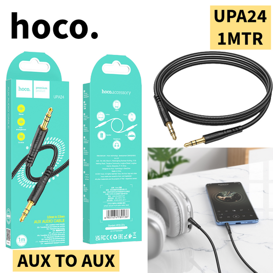 UPA24 3.5mm AUX Audio Cable – Black (Hi-Fi Stereo Sound, Nylon Braided, 1M Length, Gold-Plated Connectors Hoco