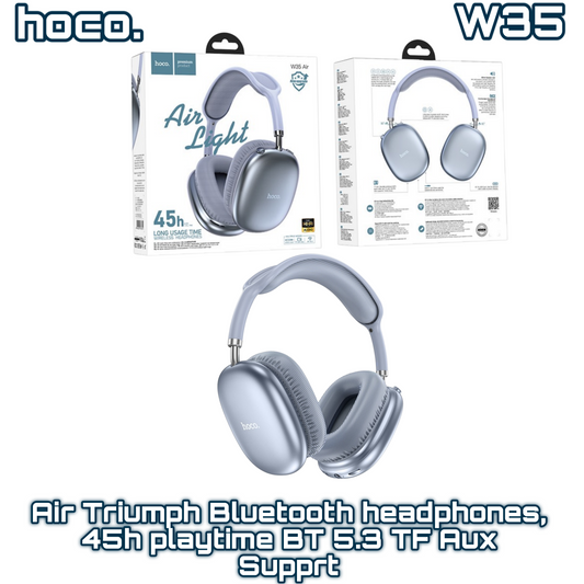 W35 Air Triumph Bluetooth Headphones – Blue, 45H Playtime, BT 5.3, TF/AUX Support | HOCO