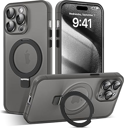Black Premium Frost MagSafe Case With Camera Lens Protection And Kick Stand for Apple Iphone 14 Pro