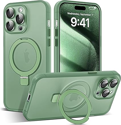Green Premium Frost MagSafe Case With Camera Lens Protection And Kick Stand for Apple Iphone 14 Pro